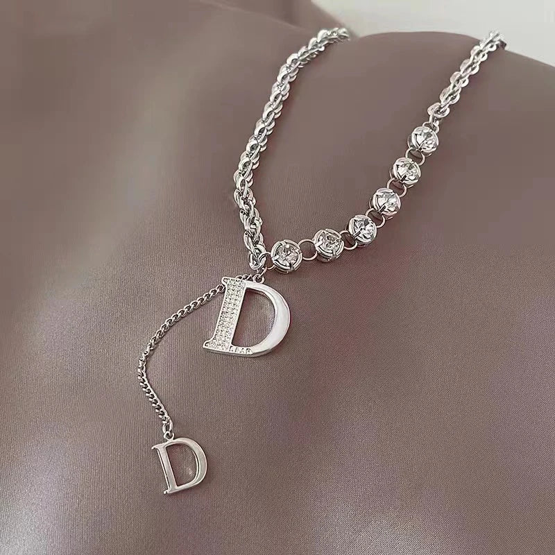 Design Sense Micro Setting Zircon D Letter Pendant Long Necklace Winter