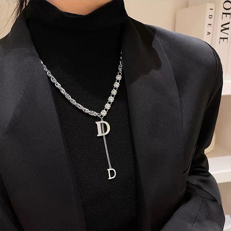 Design Sense Micro Setting Zircon D Letter Pendant Long Necklace Winter
