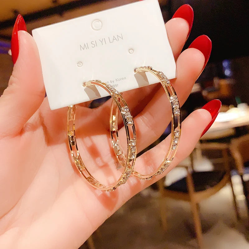 Luxury Female Big White Round Hoop Earrings Fashion Gold Color