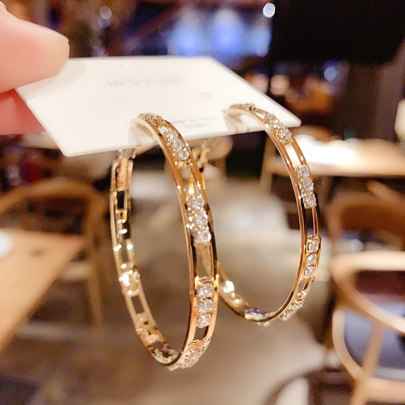 Luxury Female Big White Round Hoop Earrings Fashion Gold Color