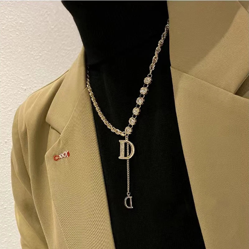 Design Sense Micro Setting Zircon D Letter Pendant Long Necklace Winter