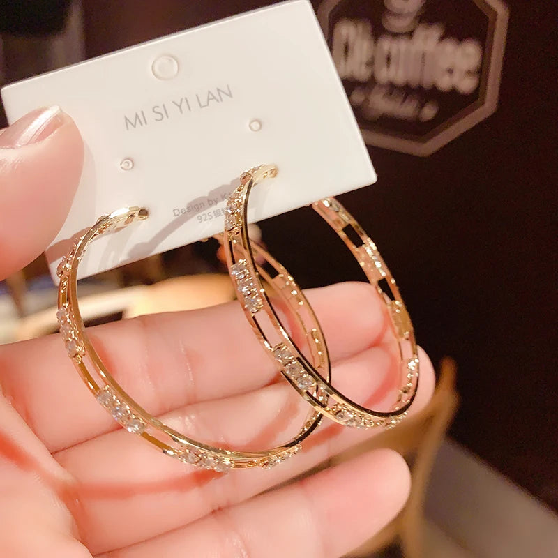 Luxury Female Big White Round Hoop Earrings Fashion Gold Color