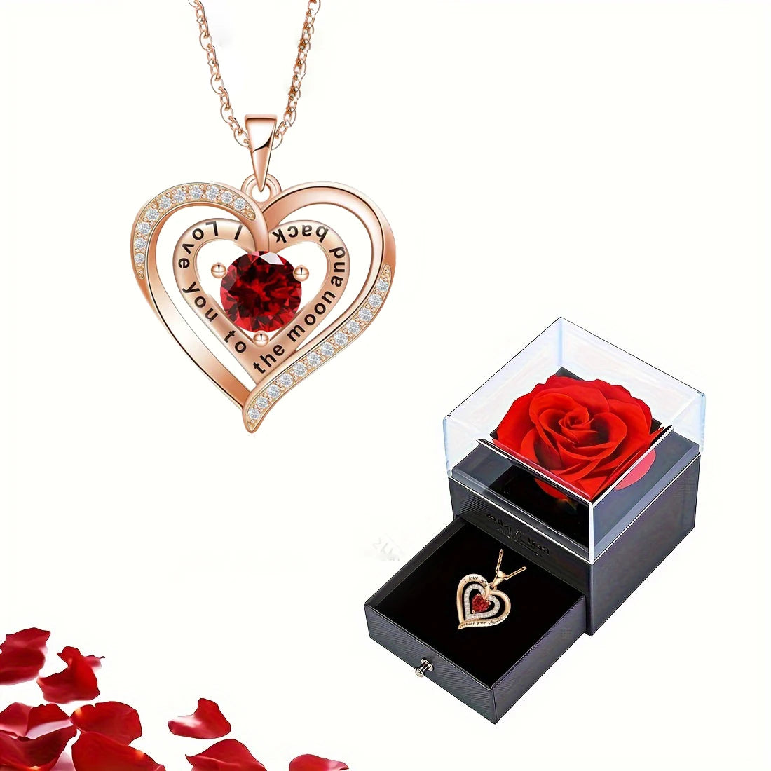 Luxury Red Zircon Pendant Necklaces With Rose Flower Gift Box For Girlfriend