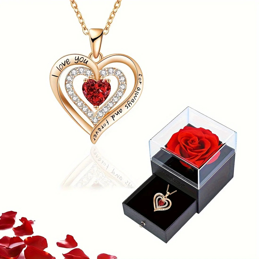 Luxury Red Zircon Pendant Necklaces With Rose Flower Gift Box For Girlfriend