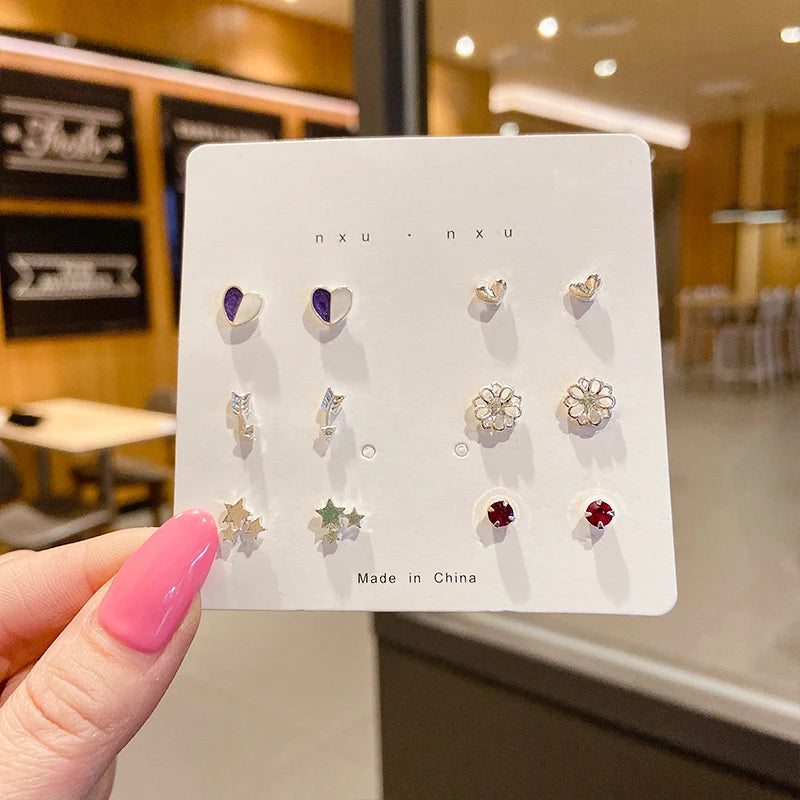 New S925 Silver Needle Stud Earrings Set for Women Girls Simple Cute