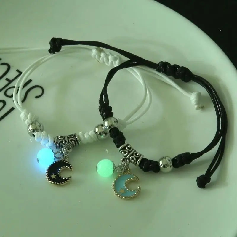 2Pcs Luminous Star Cat Moon Couple Bracelet Kitten Flower Handmade Adjustable