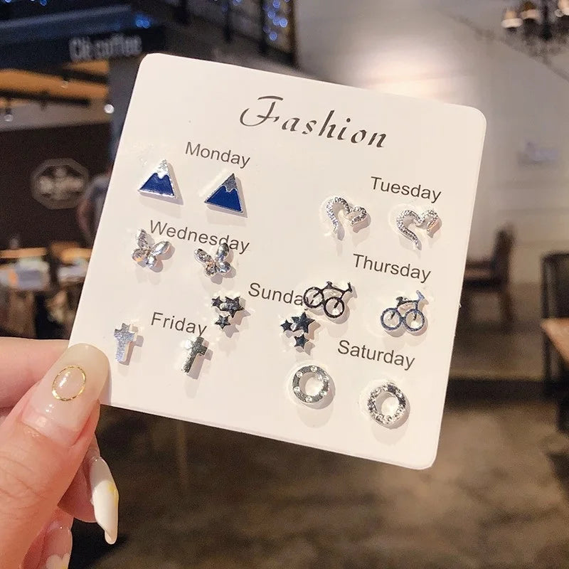 New S925 Silver Needle Stud Earrings Set for Women Girls Simple Cute
