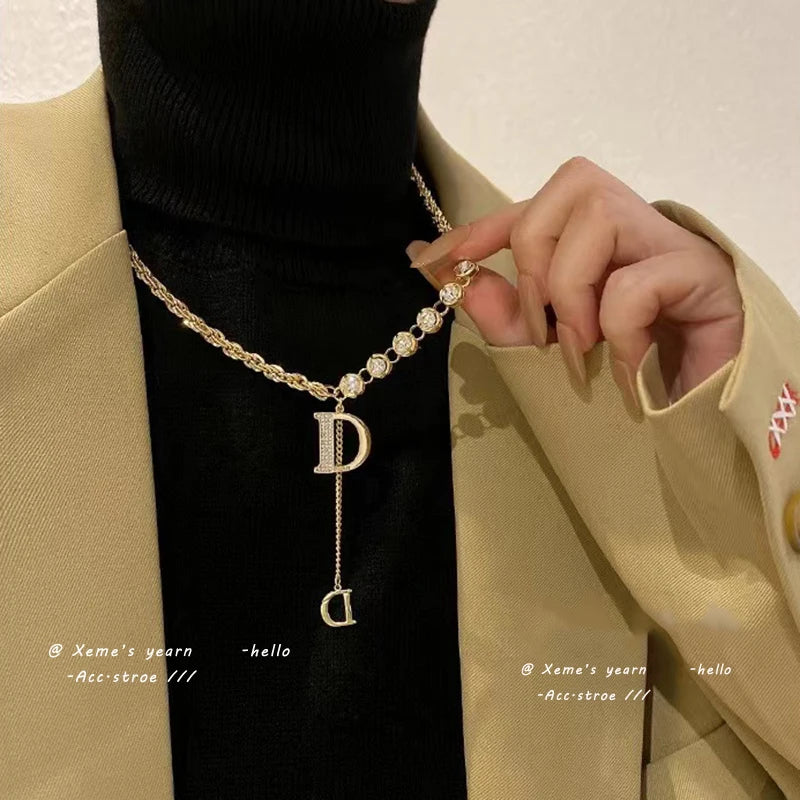 Design Sense Micro Setting Zircon D Letter Pendant Long Necklace Winter