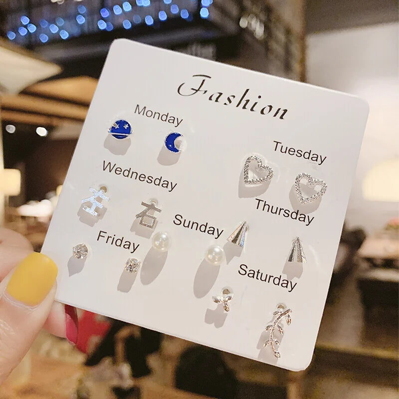 New S925 Silver Needle Stud Earrings Set for Women Girls Simple Cute