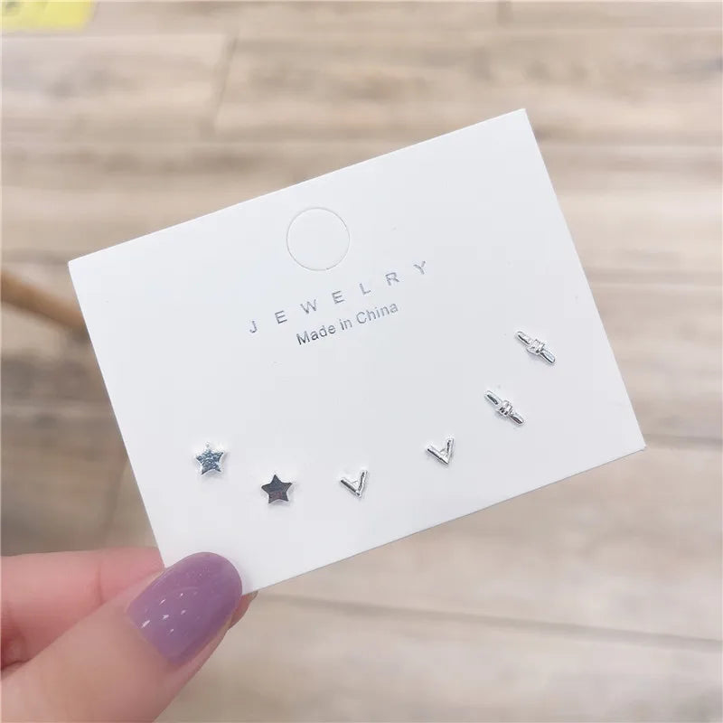New S925 Silver Needle Stud Earrings Set for Women Girls Simple Cute