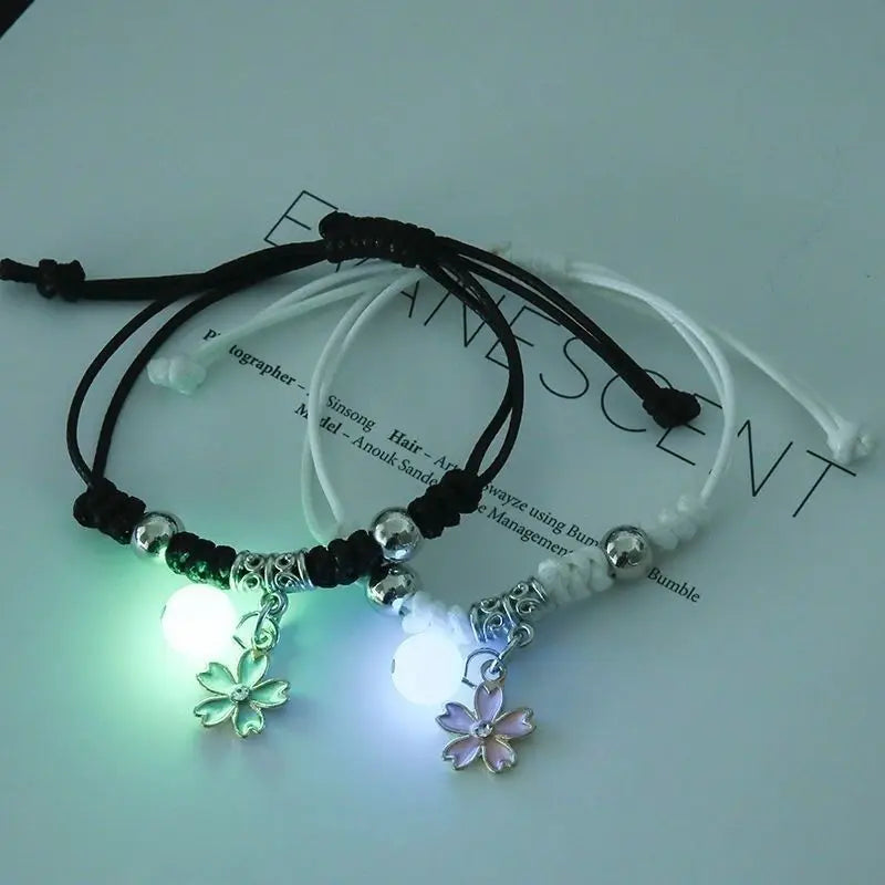 2Pcs Luminous Star Cat Moon Couple Bracelet Kitten Flower Handmade Adjustable