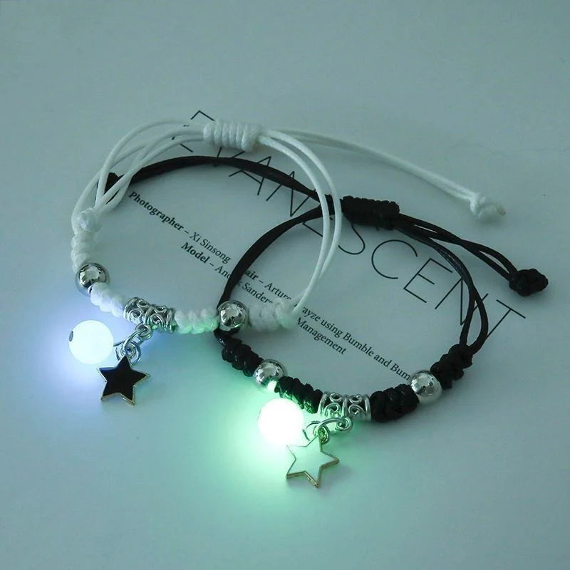 2Pcs Luminous Star Cat Moon Couple Bracelet Kitten Flower Handmade Adjustable
