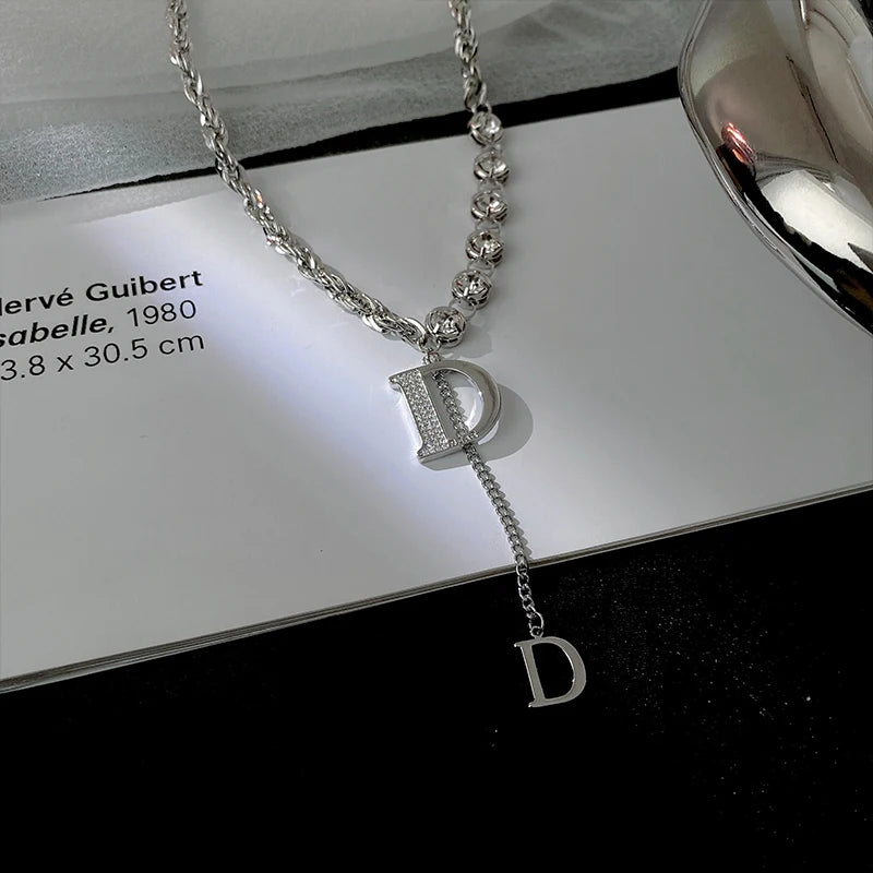 Design Sense Micro Setting Zircon D Letter Pendant Long Necklace Winter