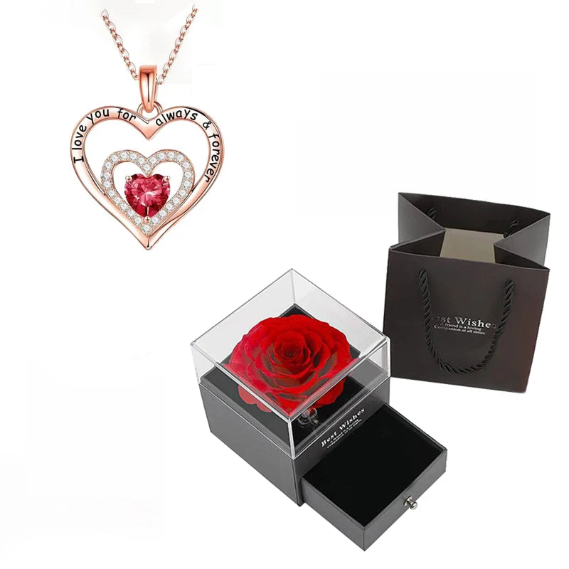 Luxury Red Zircon Pendant Necklaces With Rose Flower Gift Box For Girlfriend
