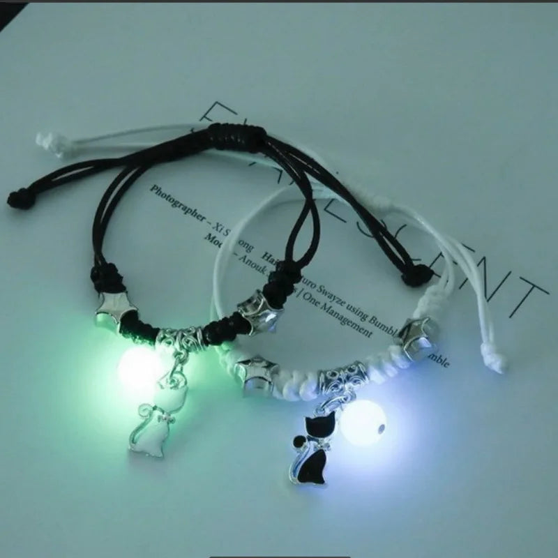 2Pcs Luminous Star Cat Moon Couple Bracelet Kitten Flower Handmade Adjustable