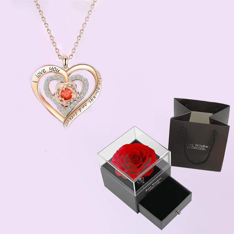 Luxury Red Zircon Pendant Necklaces With Rose Flower Gift Box For Girlfriend