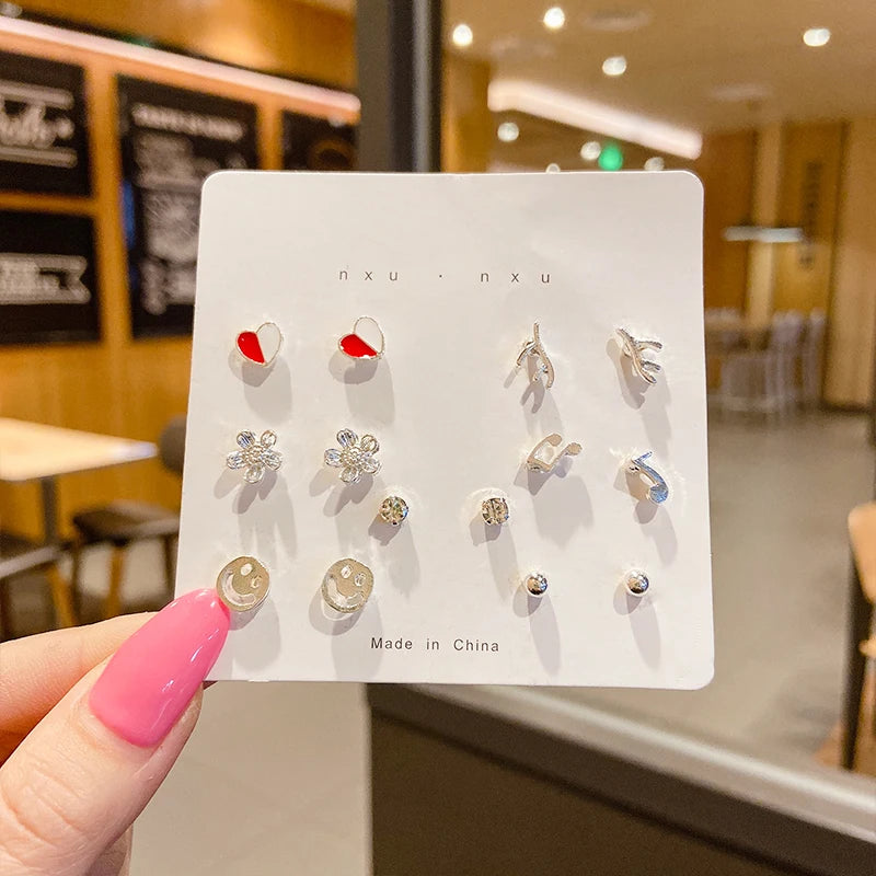 New S925 Silver Needle Stud Earrings Set for Women Girls Simple Cute