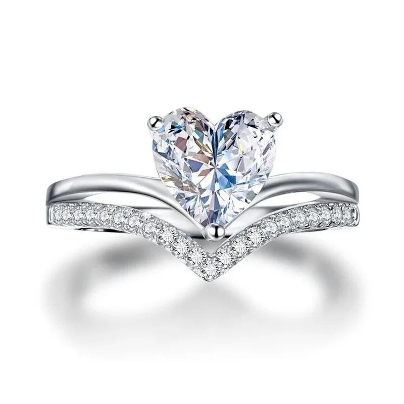 Delicate Silver Color White Zircon Stones Heart Rings for Women Fashion