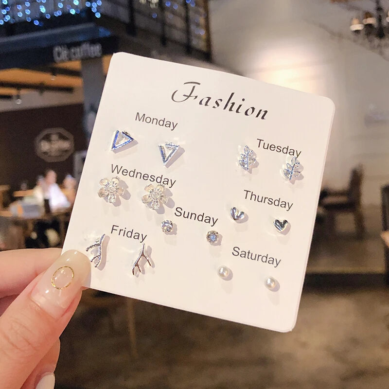 New S925 Silver Needle Stud Earrings Set for Women Girls Simple Cute