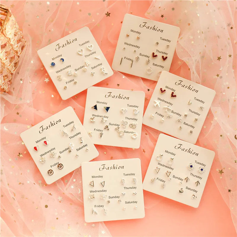 New S925 Silver Needle Stud Earrings Set for Women Girls Simple Cute