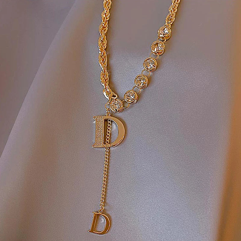 Design Sense Micro Setting Zircon D Letter Pendant Long Necklace Winter