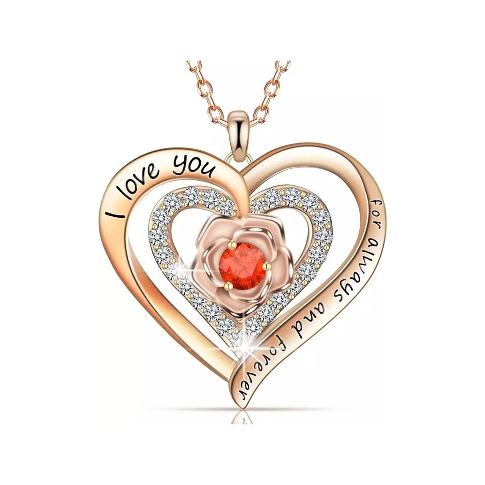 Luxury Red Zircon Pendant Necklaces With Rose Flower Gift Box For Girlfriend