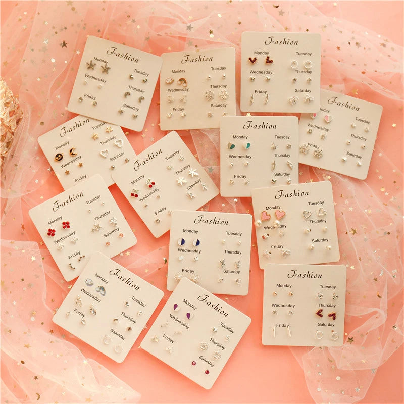 New S925 Silver Needle Stud Earrings Set for Women Girls Simple Cute