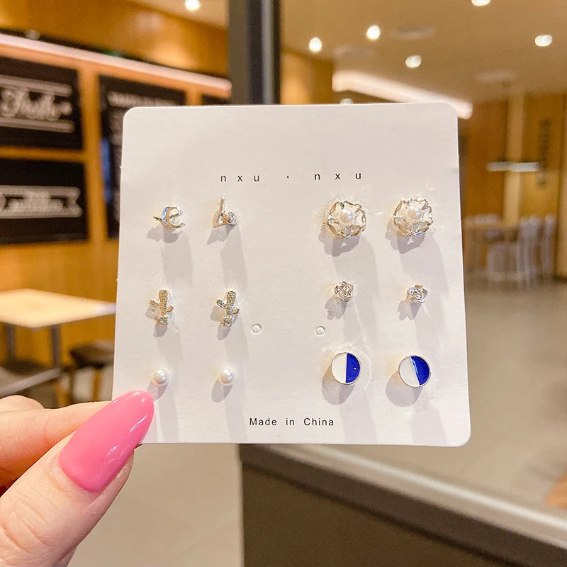 New S925 Silver Needle Stud Earrings Set for Women Girls Simple Cute