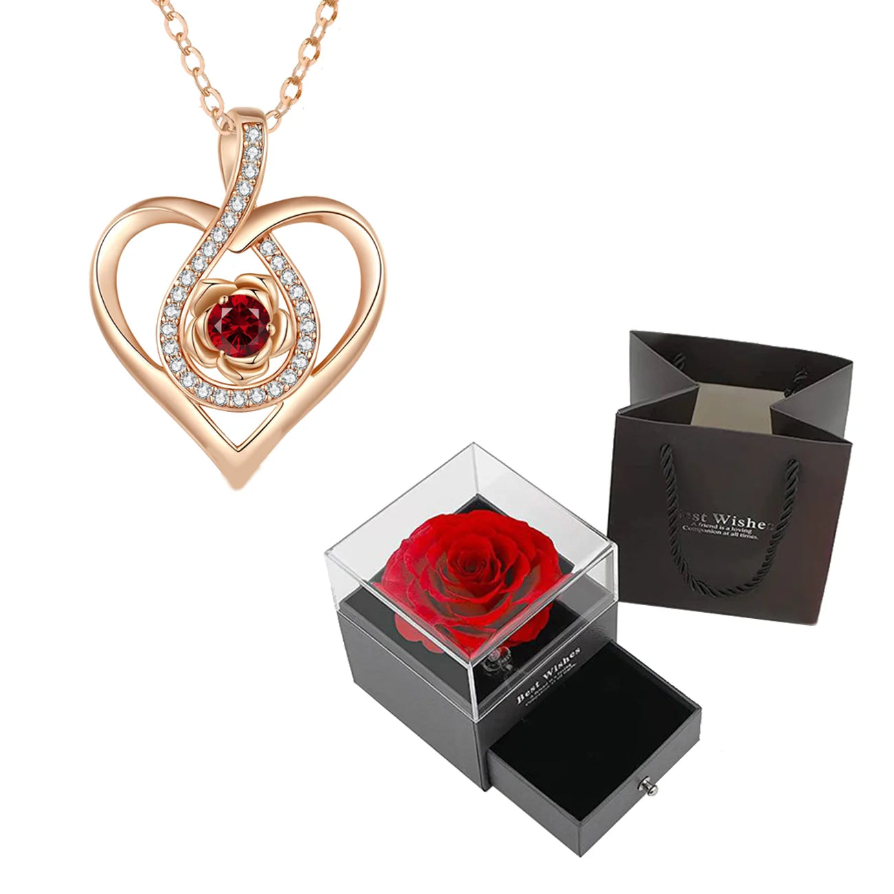 Luxury Red Zircon Pendant Necklaces With Rose Flower Gift Box For Girlfriend