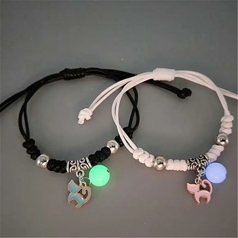 2Pcs Luminous Star Cat Moon Couple Bracelet Kitten Flower Handmade Adjustable