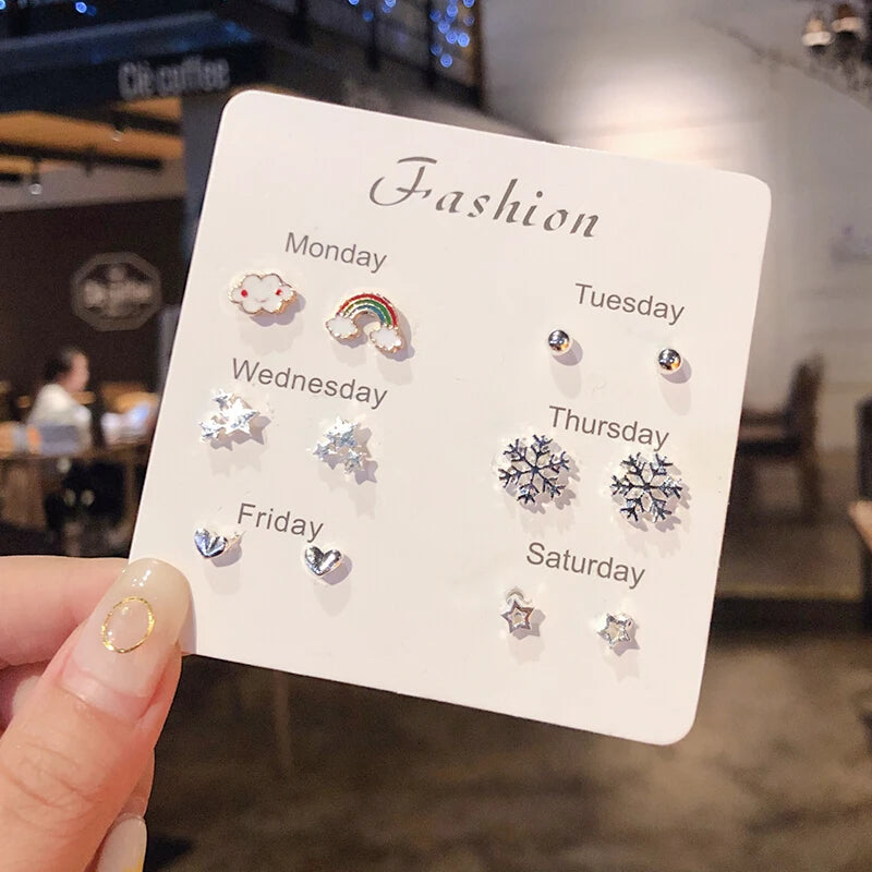 New S925 Silver Needle Stud Earrings Set for Women Girls Simple Cute