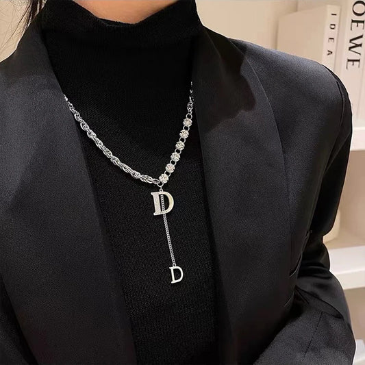 Design Sense Micro Setting Zircon D Letter Pendant Long Necklace Winter