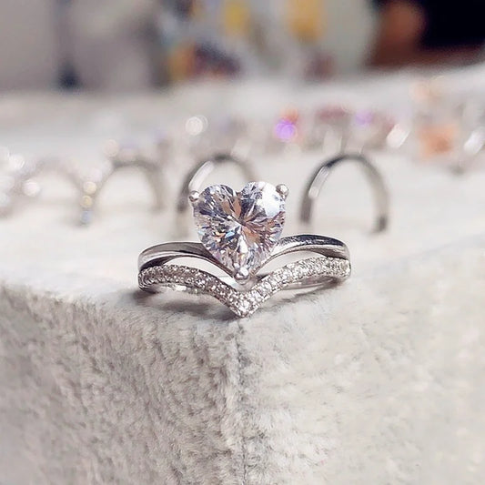 Delicate Silver Color White Zircon Stones Heart Rings for Women Fashion
