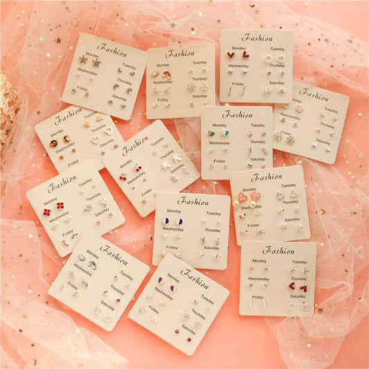 New S925 Silver Needle Stud Earrings Set for Women Girls Simple Cute